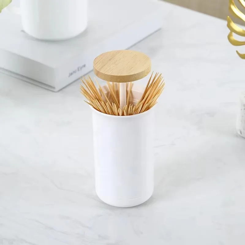 Household Canteen Cylinder Mini Toothpick Holder Dispenser Plastic Press Smart Toothpicks Holder with Bamboo Cover