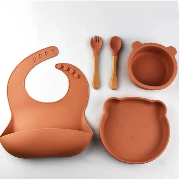 Wholesale Baby Feeding Set 5-Piece Silicone Bear Cartoon Design Dinnerware Sets Food Grade for Kitchen Use