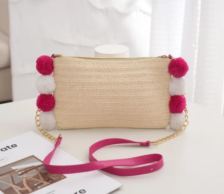 Pompom straw beach bag  straw clutch handmade straw shoulder bag designer handbags famous brands