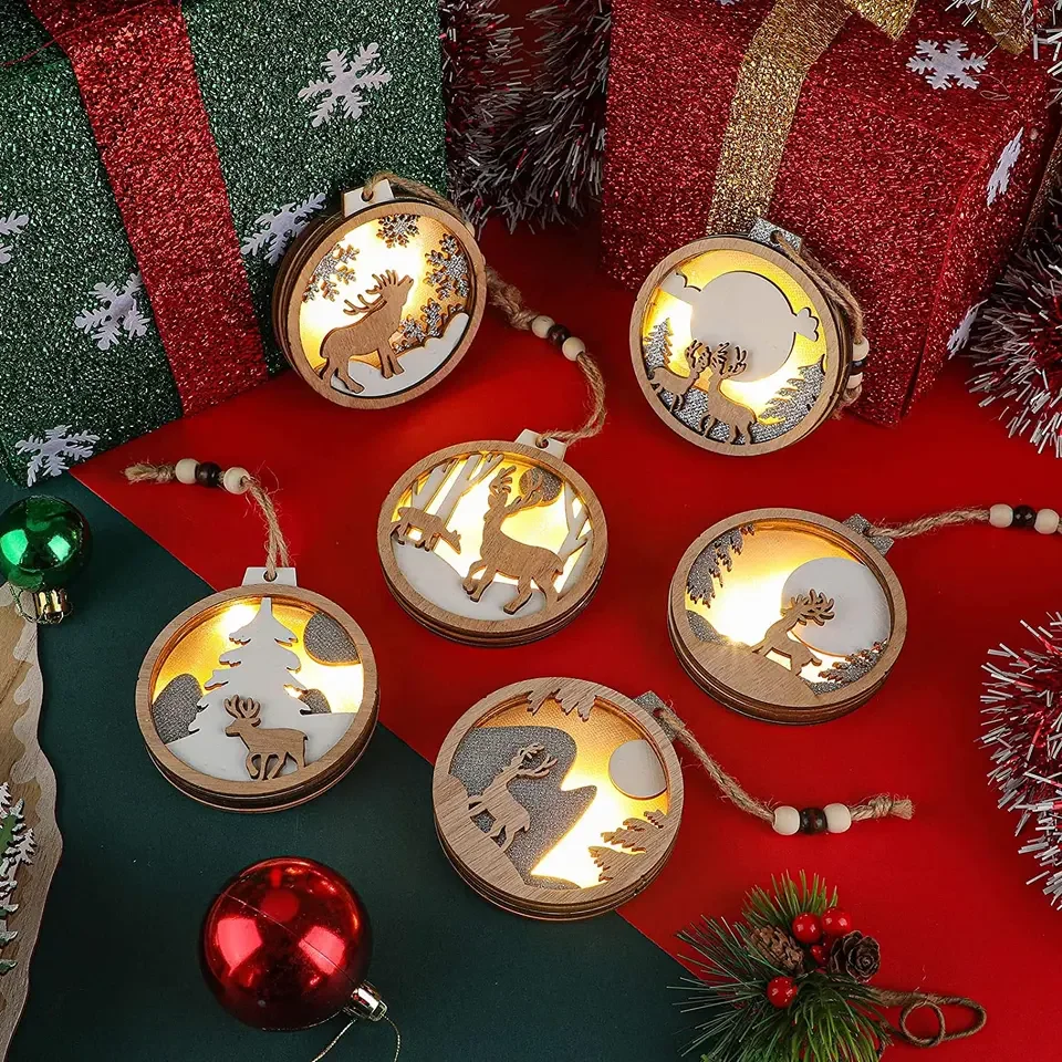 Christmas Hanging Wooden Hollow Fretwork Ornaments round UV Printed Wood Carving Gift Tags and Pendant Circle Laser Cutting