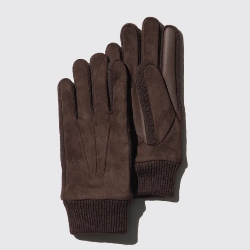 Men Women Winter Cashmere Wool Lined Black Suede Leather Touch Screen Gloves with Knit Cuffs