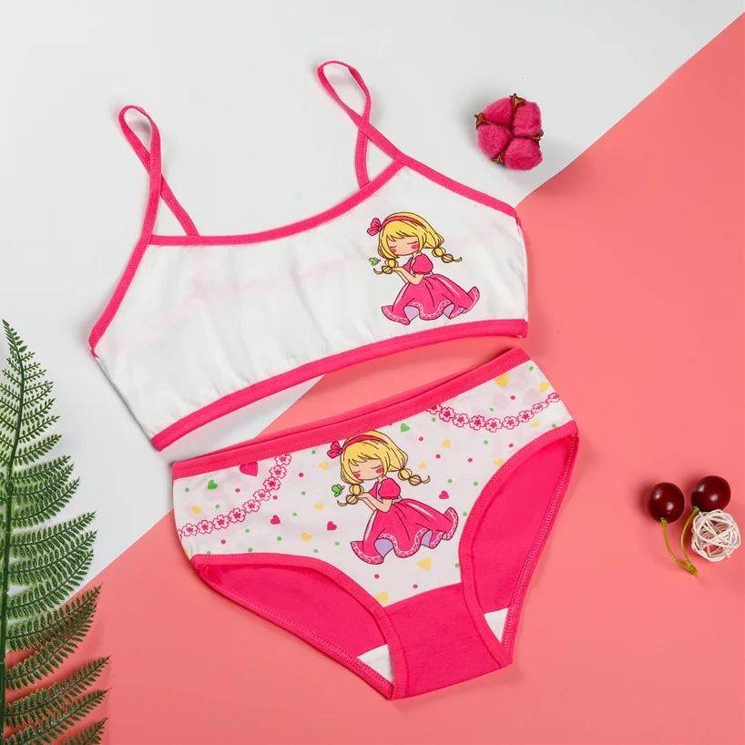 Комплект нижнего белья из бюстгальтера и трусиков для девочек, высококачественное хлопковое мягкое нижнее белье, Симпатичные эластичные дышащие трусики с мультяшным рисунком для девочек