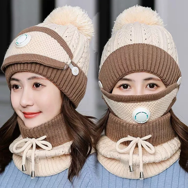 Women Scarf Hat Set Warm Infinity Scarf Pom Pom Beanie Hat Snow Ski Cap Winter Hats with Breather Valve Knitted Keep Warm