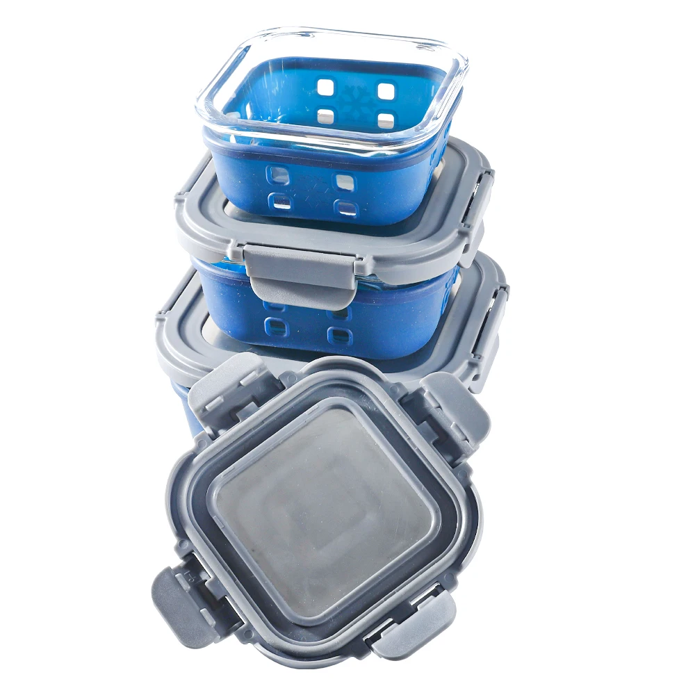 LeHe Glass Kitchen Canister Set with Stainless Steel Lids Square Dry Food Storage Containers