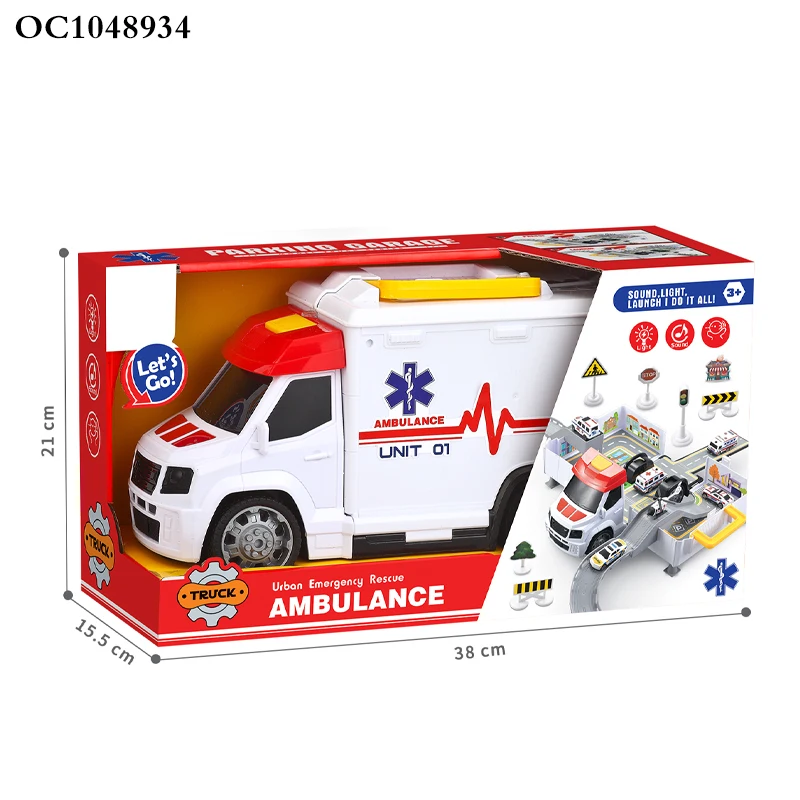 32pcs Ambulance deformed car track and parking lot garage toy set with light sound