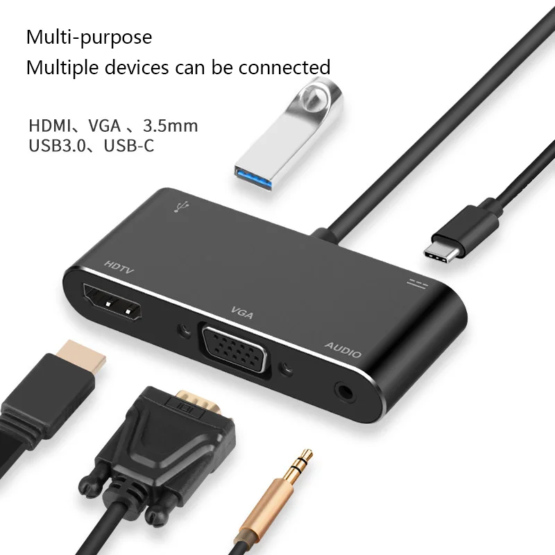 Оптовая Продажа 5 в 1 адаптер Type-C для 4K HDTV VGA USB3.0 PD 3 мм AV конвертер USB C концентратор