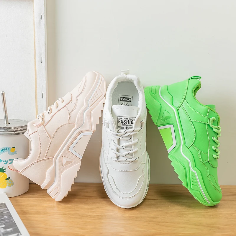 2019 Stylish thick-soled comfortable lace up breathable women green casual sneakers shoes