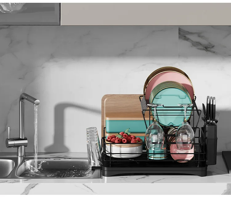 2 Tier Steel Drain Drying Dish Sink Rack Storage Bowl Organizer Cups Holder Large Dish Drainers Strainer with Drainboard