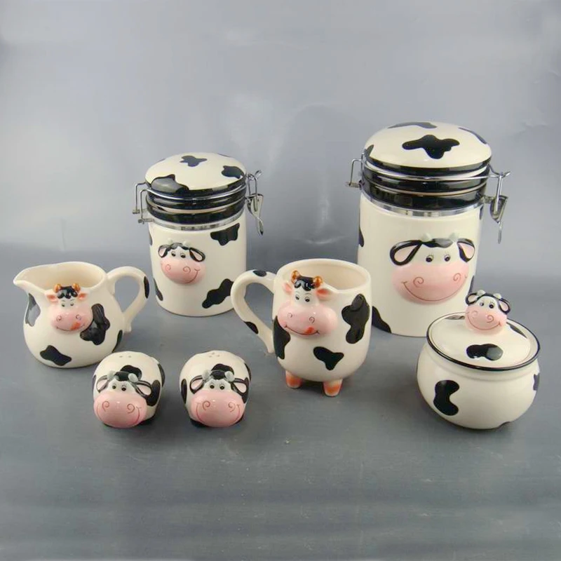 
Cow shape airtight canister custom ceramic cow food canister seal canister 