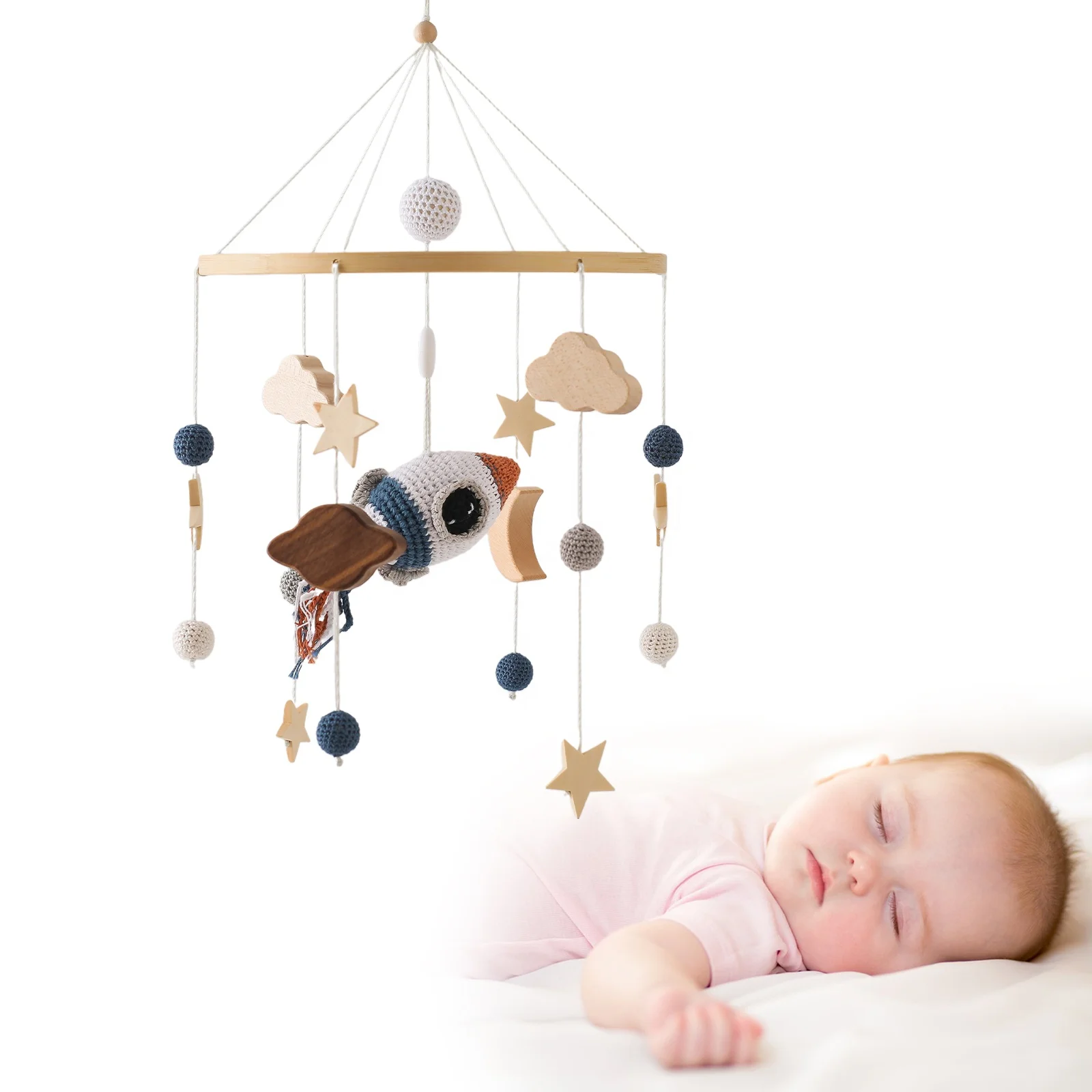 2023 New Arrival Nordic Handmade Rocket Crochet Rattle Bed Bell Hanging Toy Felt Baby Crib Mobile Nursery Decoration Shower Gift