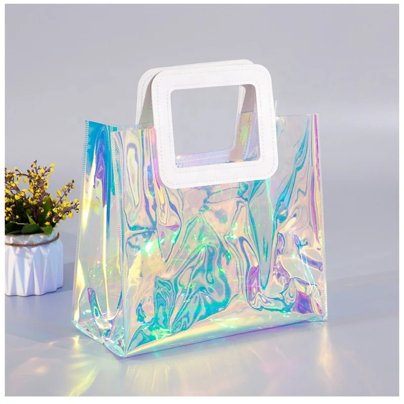 Custom Printed Logo Holographic Transparent Clear PVC Shopping Tote Bag Holographic Gift Bag