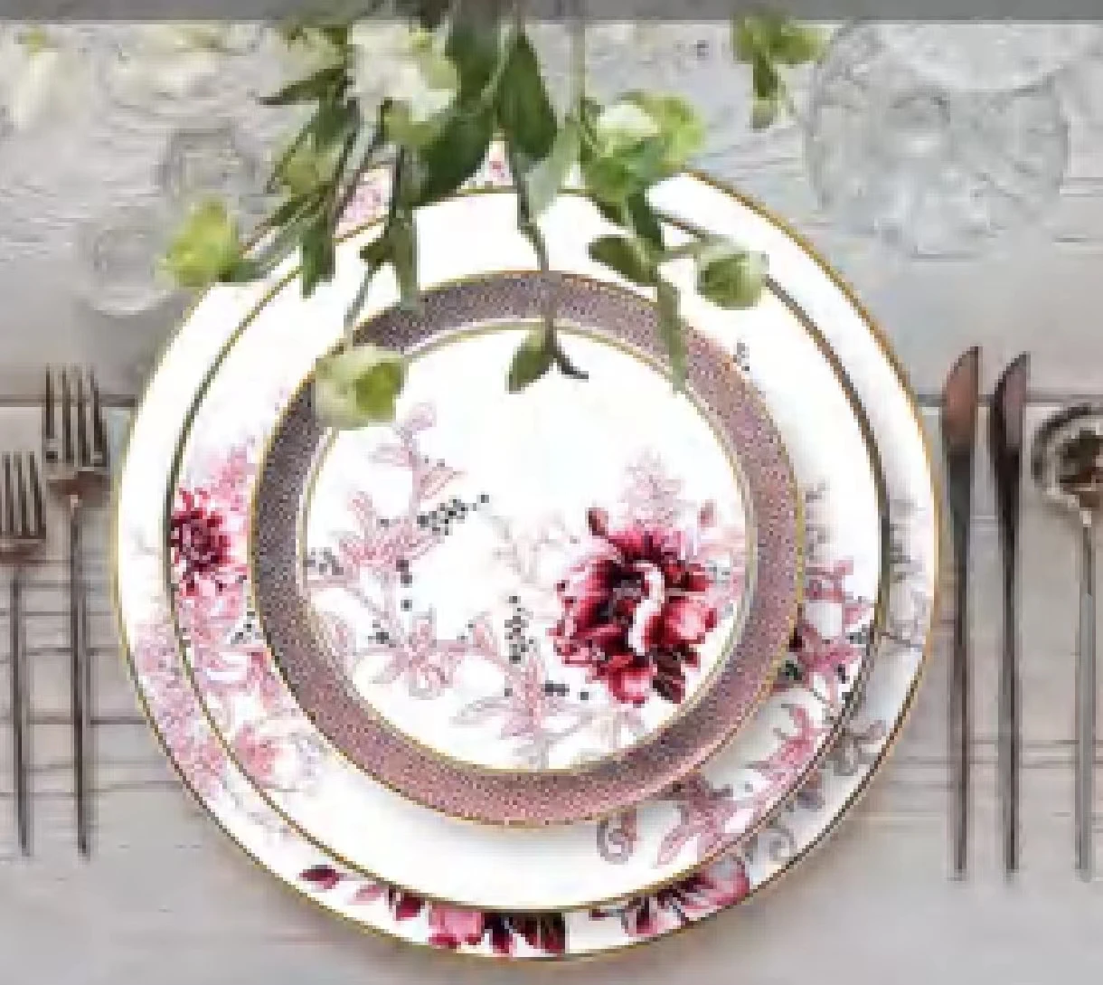 Burgundy Peony Ceramic Dinner Tableware Set Restaurant Crockery Hotelware Events Wedding Gifts Hand Engraved Sustainable