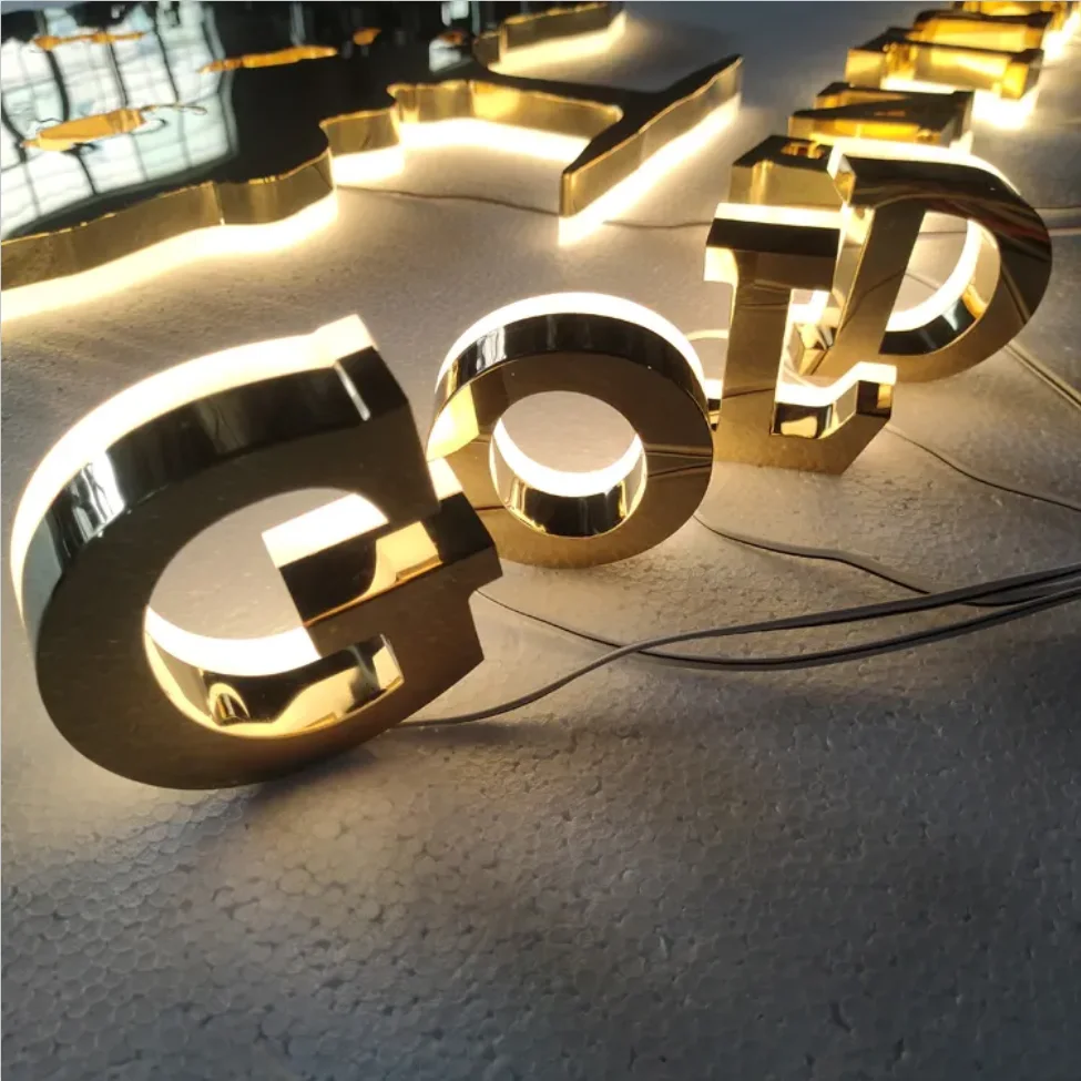 Custom waterproof metal business signs logo outdoor back lit led signs restaurant logo 3d gold mirror letter