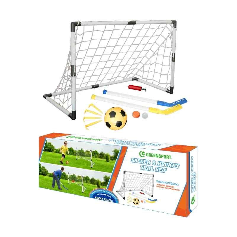 PLASTIC football goal with hockey sticks   sport balls and soccer net