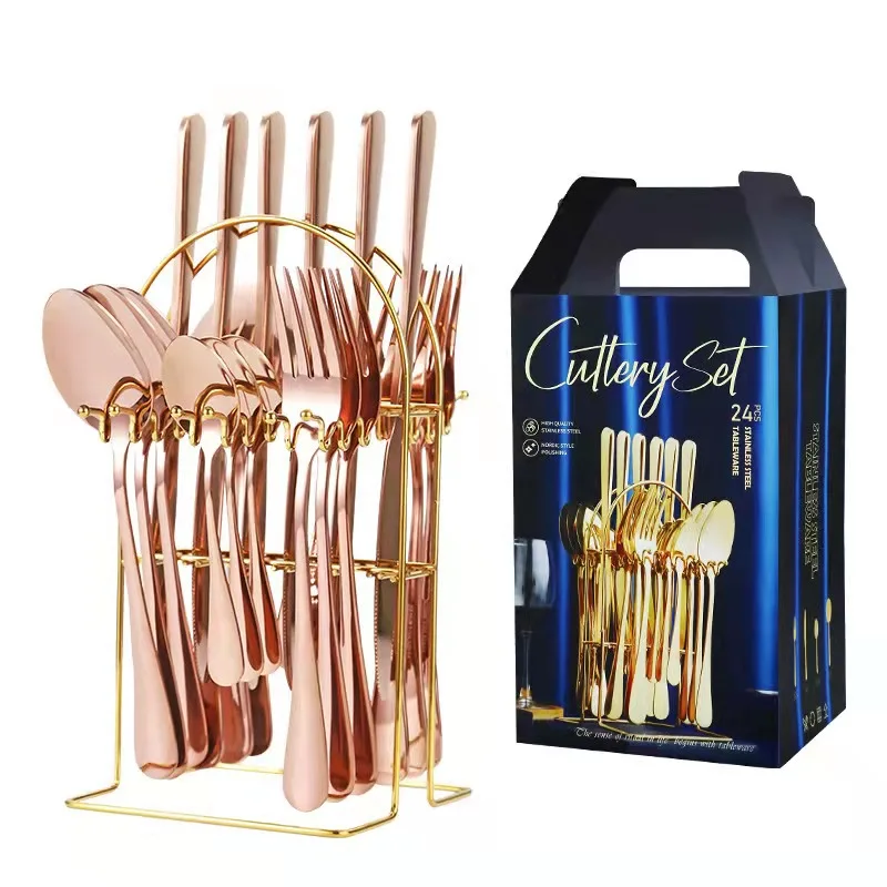 MYD Amazon Inox lego spoon fork set OEM and ODM design PVD black gold rose gold cutlery set 24 pcs with gift box