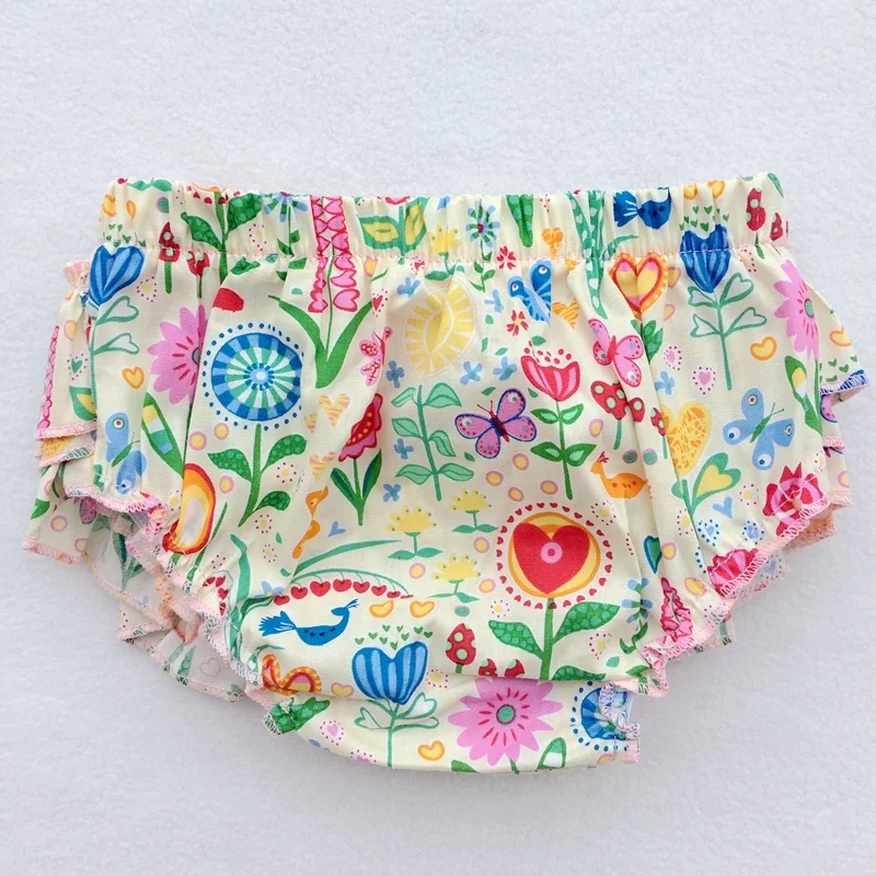 Custom no elastic 100% cotton print baby girl floral ruffle cute bloomers and bow headband set