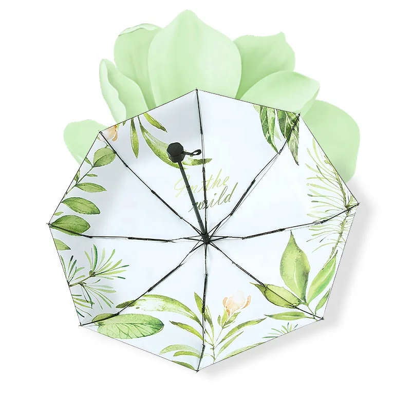 Full Automatic Umbrella Mechanism Wholesaler Compact Folding Umbrella green pink pattern printed black UV coating with UPF