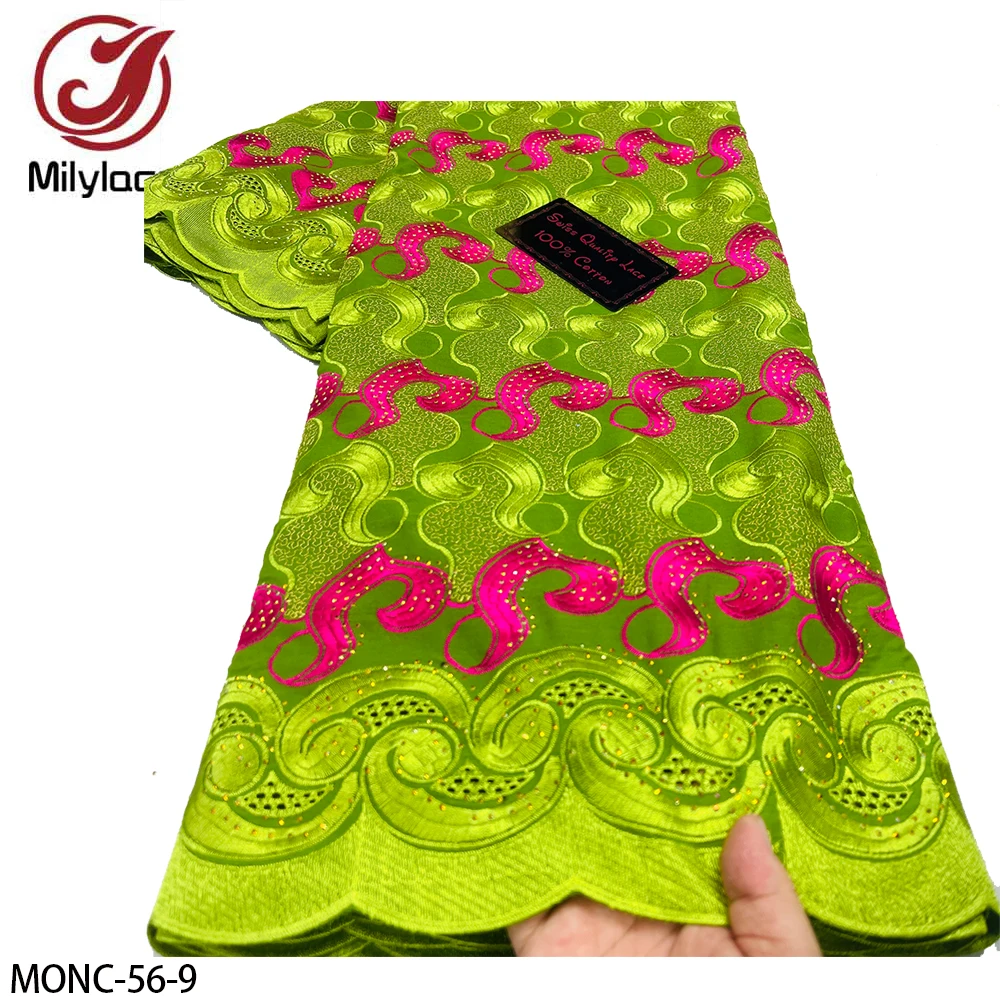 African High Quality Embroidery Flower Trim 100% Cotton Swiss Cotton Voile Lace Fabric with Stones