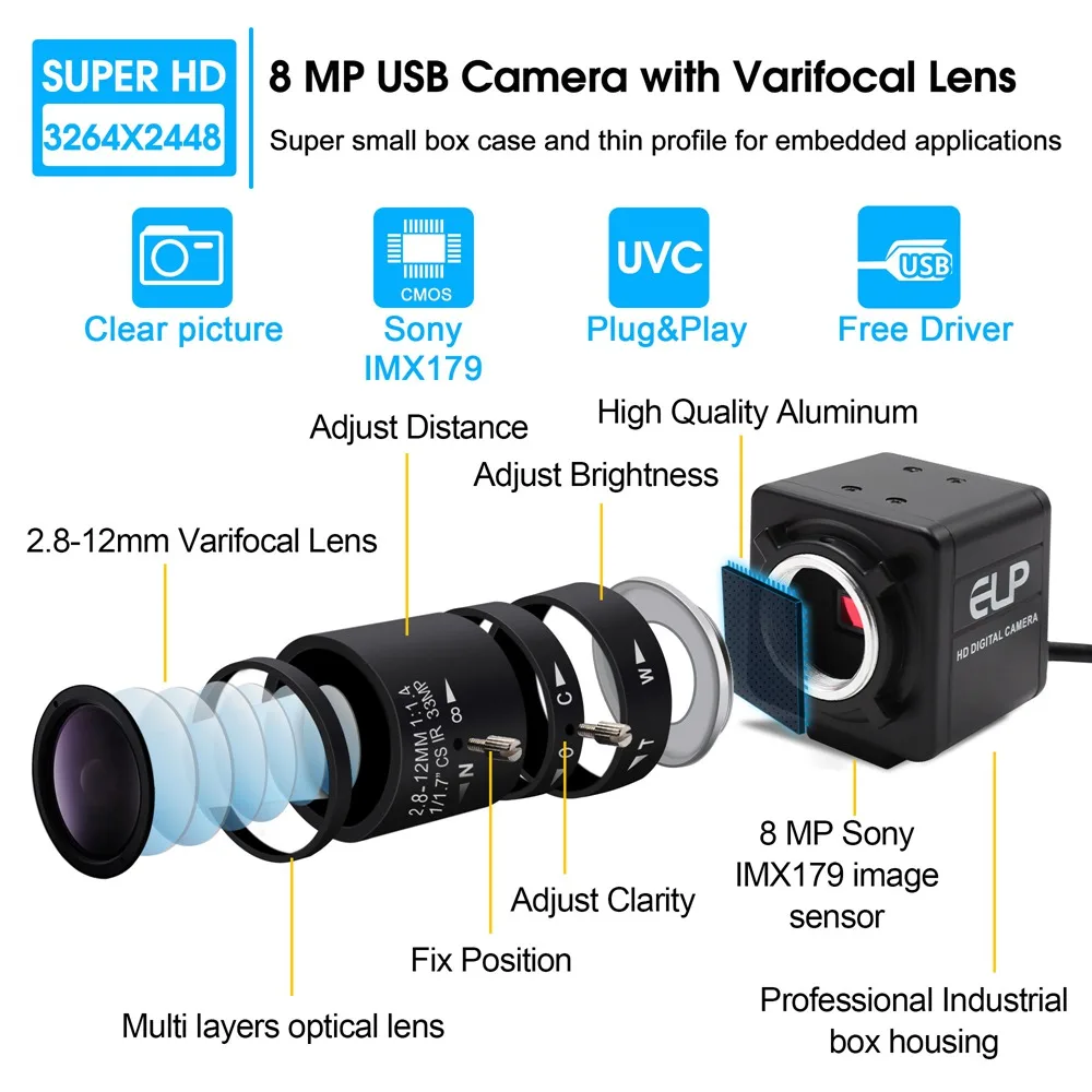 ELP Manual Focus Zoom 4x Varifocal IMX179 CMOS 8MP Video Conference Cam Web HD Surveillance Webcam UVC For Video Teaching