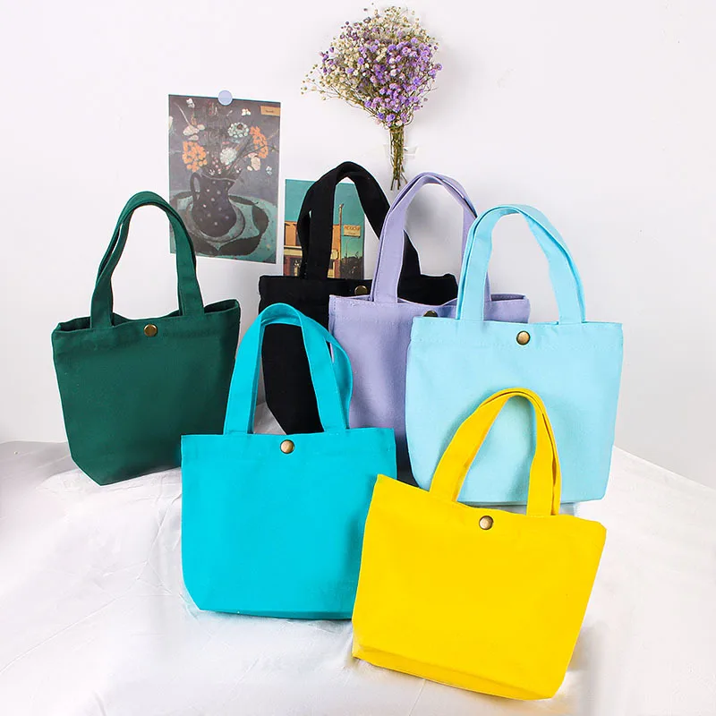 Ready to ship 6 Color Small Canvas Tote Bags Reusable Cotton Shopping Bags Bulk DIY Mini Tote Bag with Button