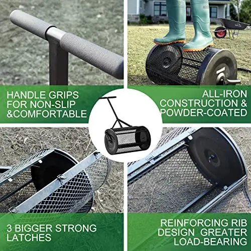 Compost Spreader Roller Manual Fertilizer Spreader Planting Seeding Durable Metal Mesh Spreader for Lawn and Garden Care Manure