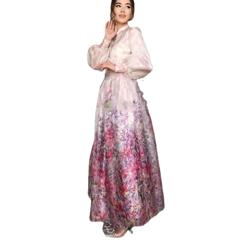 Middle East Niche Designer Vintage Court Style Elegant Floral Print Satin Long Dress