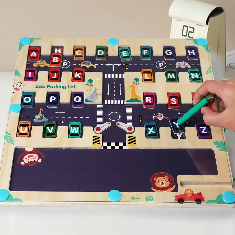 Wooden letter car matching magnetic parking displacement children training matching games educational early learning toys kids