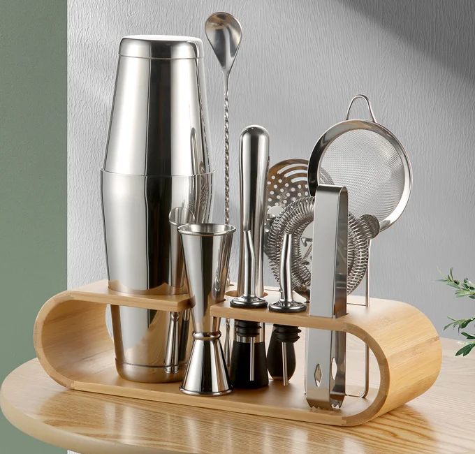 Stainless Steel Boston  Shaker 11PCS Set Bar Accessory  Kit With/ Without Bamboo Rack