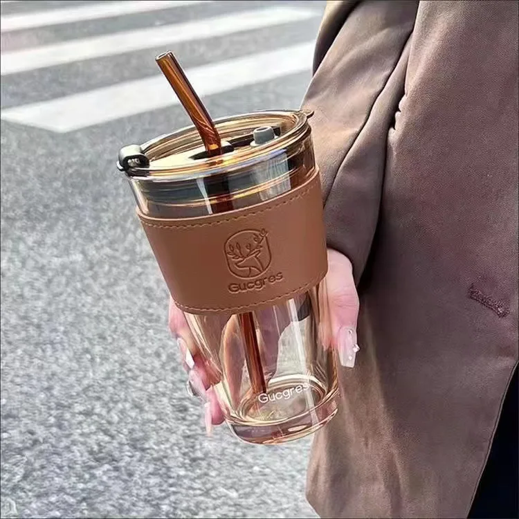 Best Seller Leather Protective Sleeve Glass Cup 450ml Glass Tumbler Sleeve Coffee Cup with Straw and Lid