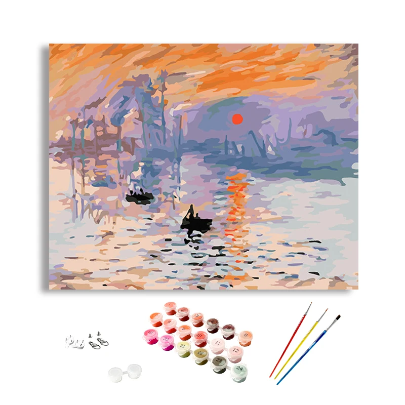Customized Wholesale  Handpainted Sunrise by Monet Paint By Numbers Canvas Painting Wall Art