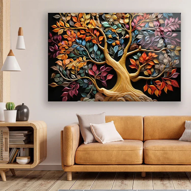 Nordic Home Decor Tempered Glass Wall Art HD Print Life of Tree Stained Wall Decor Hangings Glass Printing