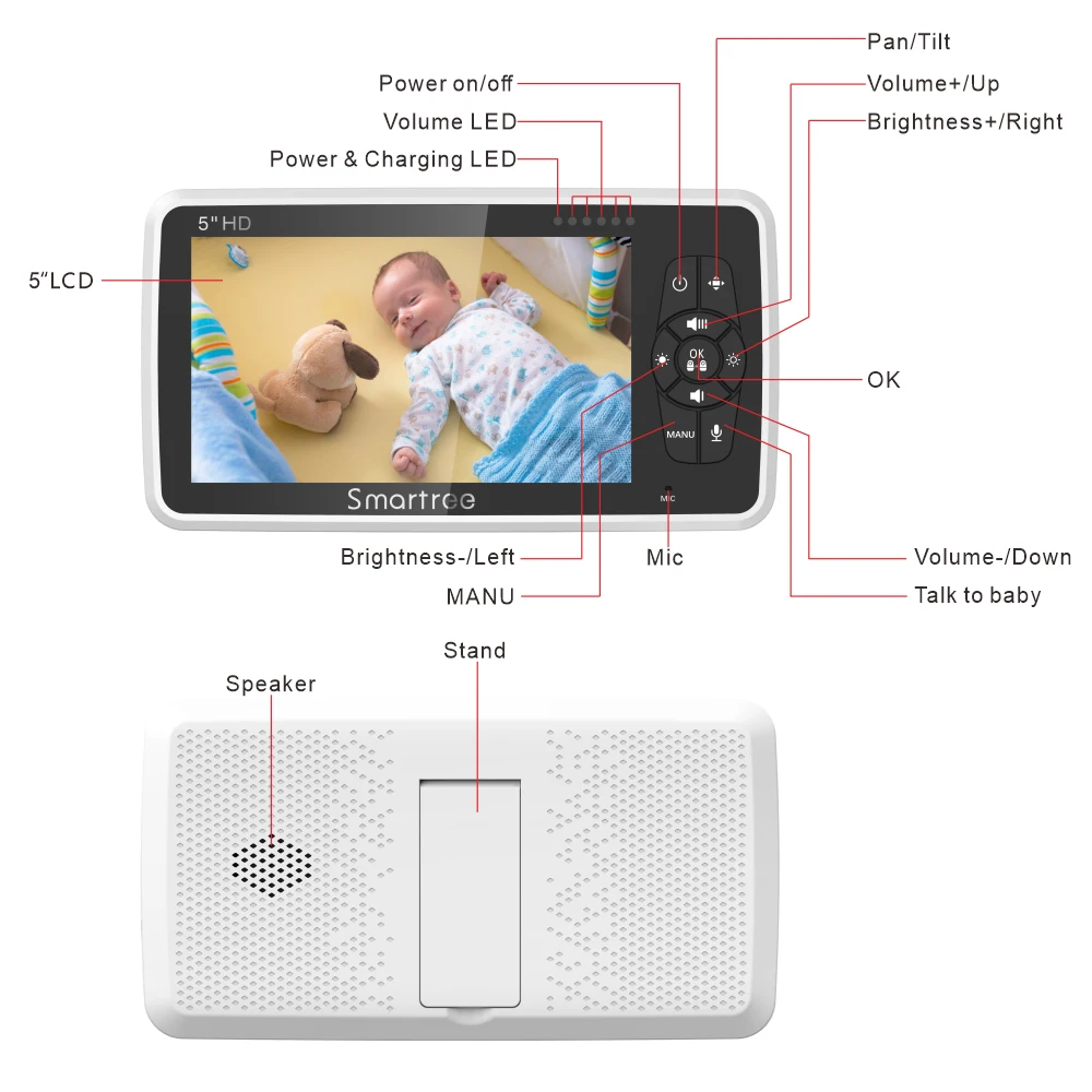 Intercomunicador baby monitoring portable audio wifi temperature baby monitor 5 inch