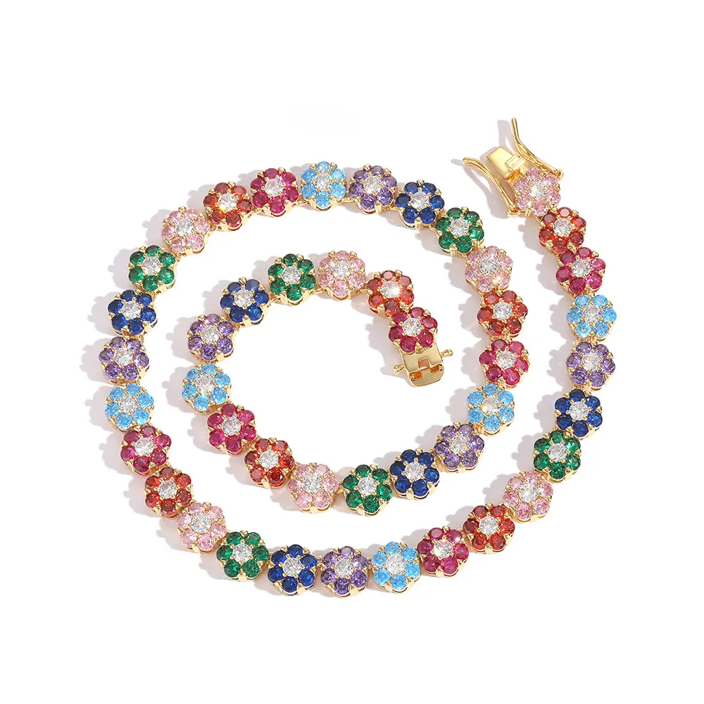 Trendy 2022 Fashion Summer Hip Hop Jewelry Iced Out Diamond Flowers Necklace Rainbow 9mm Floral Tennis Chains for Women Men