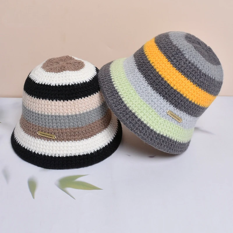 Designer Winter Warm Knit Fisherman Cap Y2K Knitted Bucket Hat Custom Logo Stripe Crochet Bucket Hat for Women
