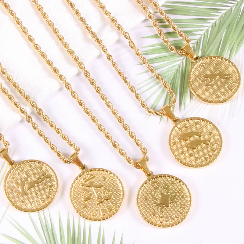 Горячая распродажа модное ожерелье с подвеской зодиака 18k позолоченный из нержавеющей стали круглый знак гороскоп