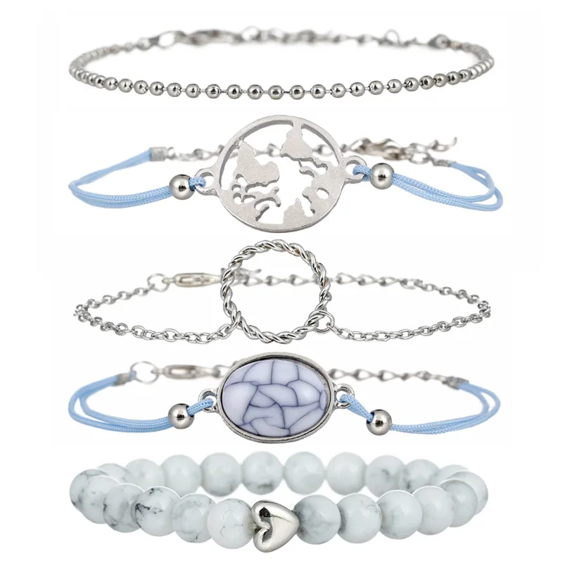 
Korean Fashion Oval crack pine stone bead chain map hollow ring bracelet set of five pieces creative marble hand rope 