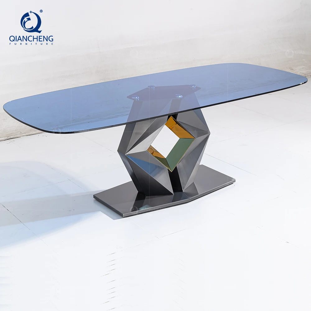 Modern living room furniture Tempered glass top 8 Seater Dining Table with stainless steel base tables for home