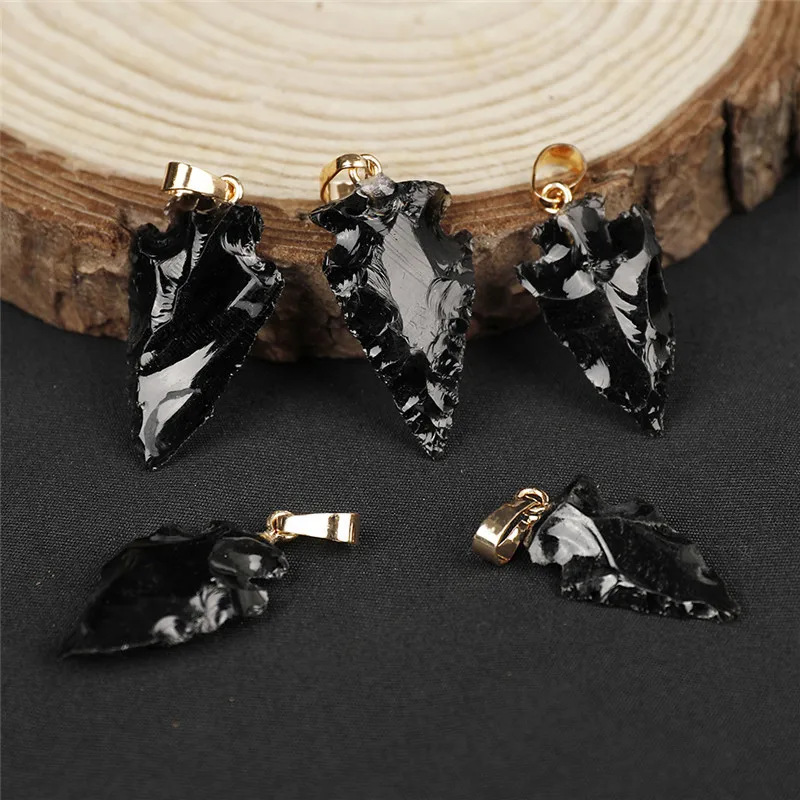 Natural Black Obsidian Charms Pendant for Necklace Arrowhead Rough Healing Point Natural Stone Pendant