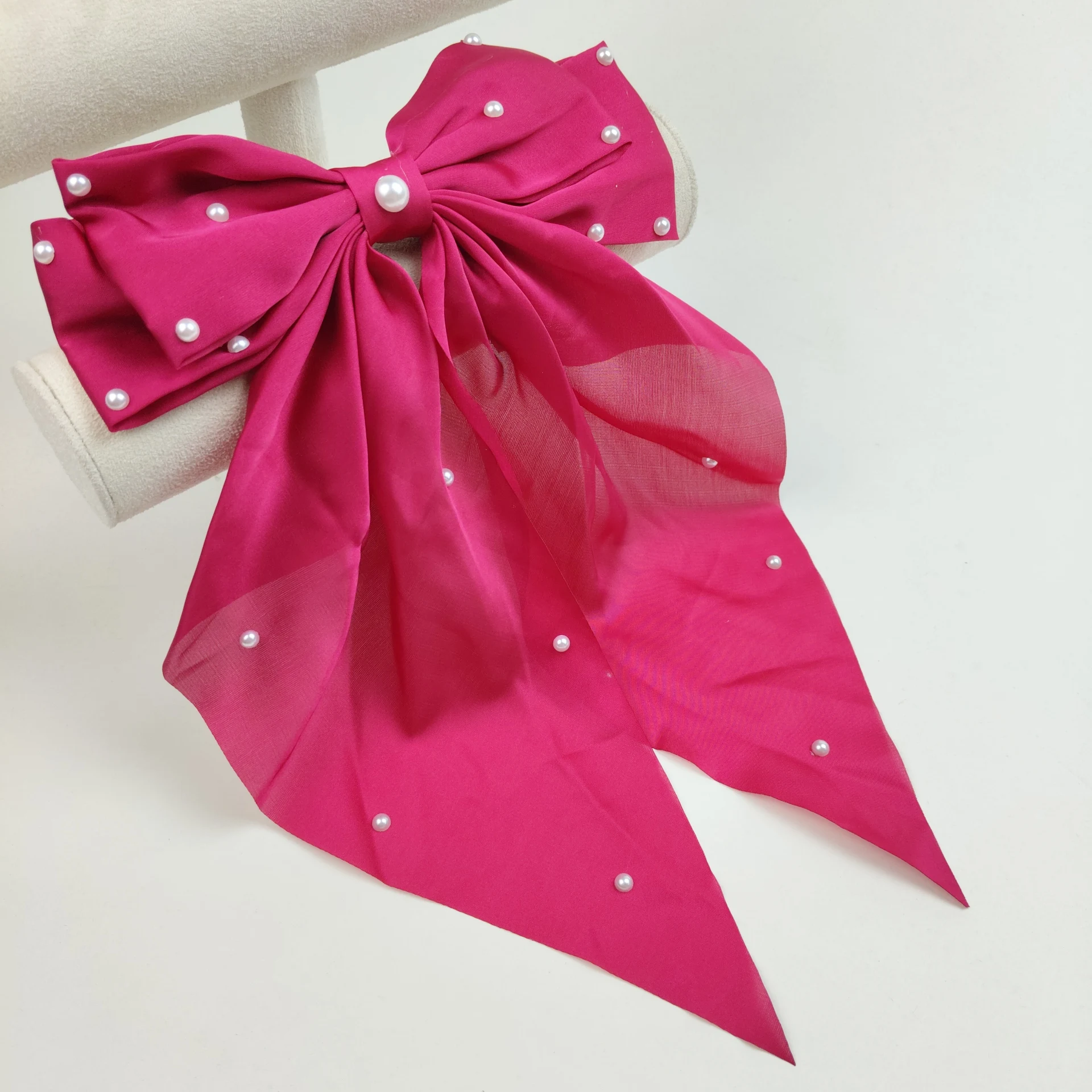 New Fashion Large Bowknot Pearl Hair Clip Trendy Fabric Bow Ribbon Spring Clip Women Hair Accessories Wholesale