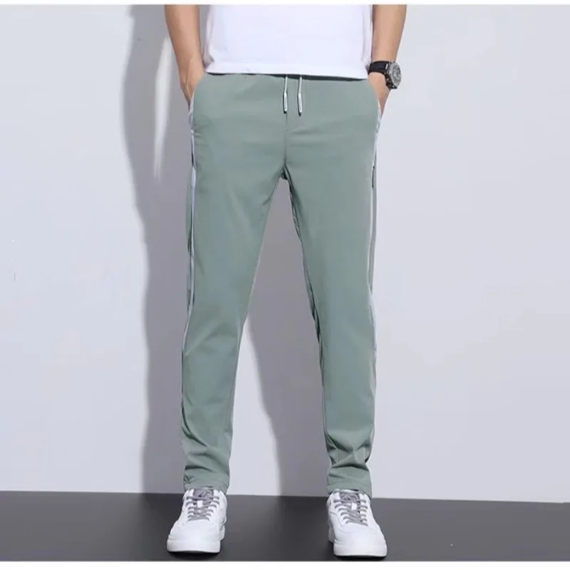 Men Fast Dry Stretch Pants Ice Silk Trousers Solid Color Mid-waist Loose Breathable Straight-leg Casual Pants Thin Sports Pants
