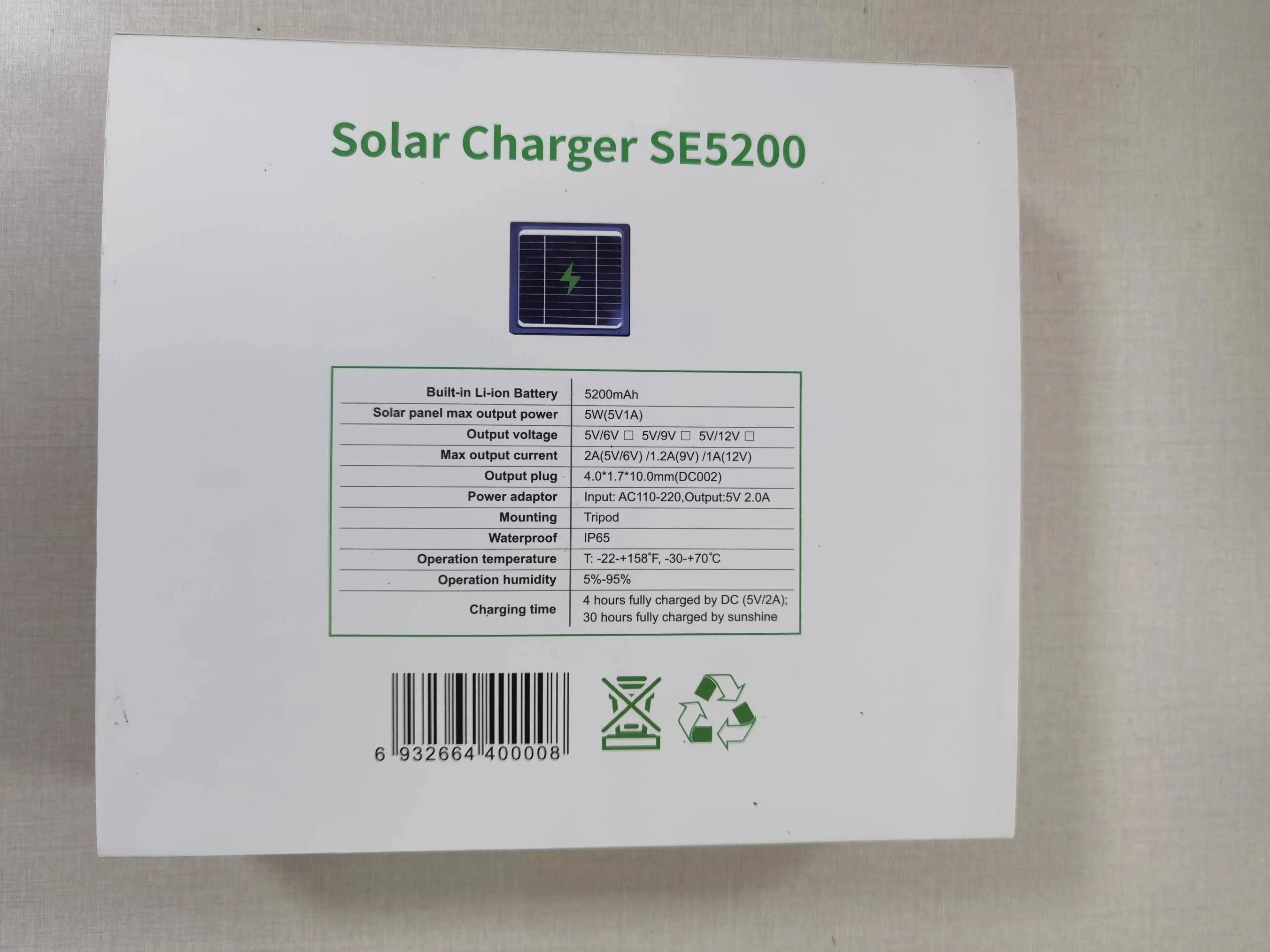 5W 5200mAh Solar Panel Charger Kits with Build-in 5200mAh Supporting 12V 9V 6V 2A for All Basic 4G Hunting Game Cameras