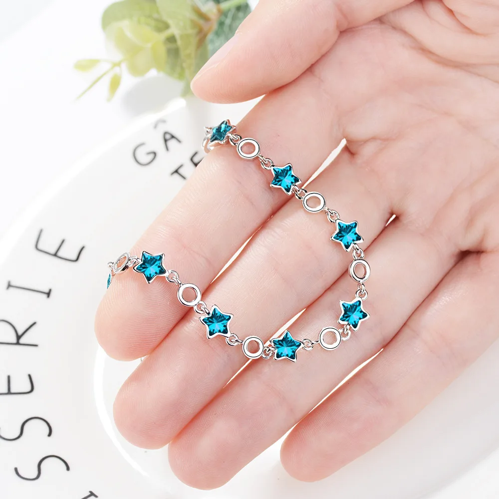 Wholesale Korean style simple blue pentagram artificial crystal cute star jewelry Bracelet  Palladium  Plated Women Jewelry