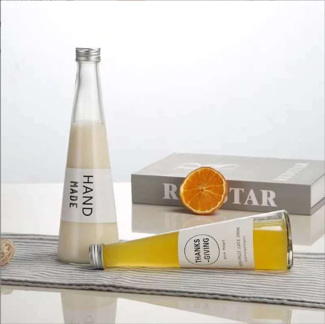 Wholesale cone-shaped juice, beverage, milk tea, fruit wine bottle Nordic style glass bottle ins bottle
