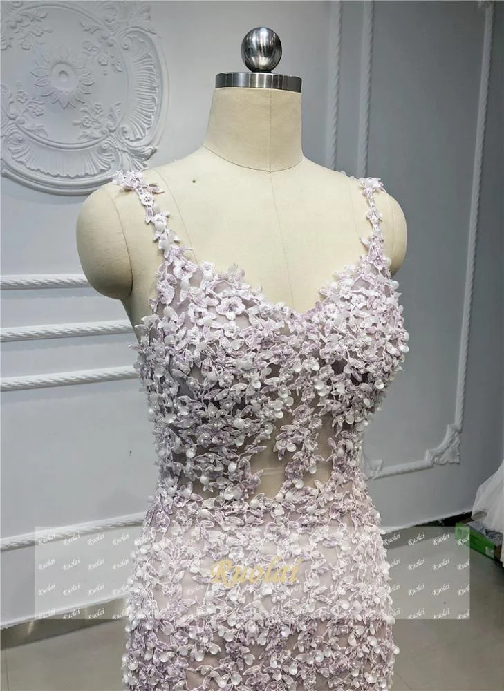 Ruolai OEV-L4293 Spaghetti Strap 3D Flowers Beaded Crystal Mermaid Long Evening Dresses with Removable Skirt