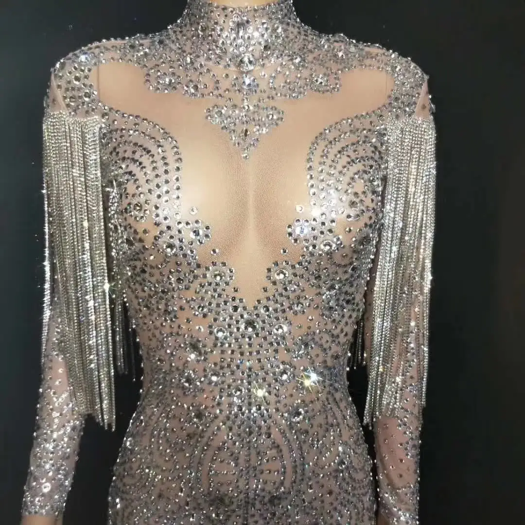 Luxury Performance Roupas Rhinestone Tassel Mesh Sequin See Through Party Birthday Stage Outfits Costume De Danse Dancer Dress