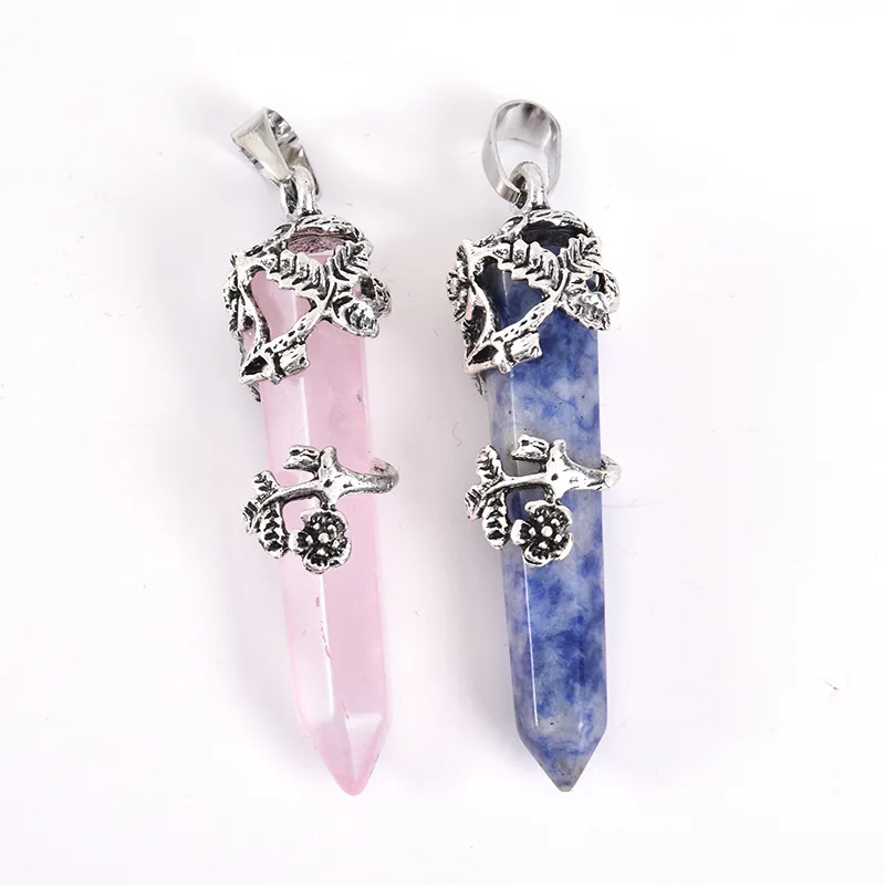 Nature Stone Hexagon Prism Pendants Amethyst Opal Quartz Bullet Crystal Healing Jewelry Charms For Diy Pendant Necklace /