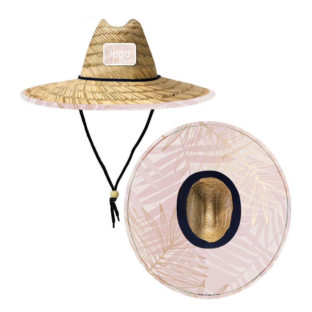 Custom Print Design Logo Patch Natural Straw Sombreros  Fisherman Lifeguard Sun Hat Summer Wide Brim Fishing  Beach Hat
