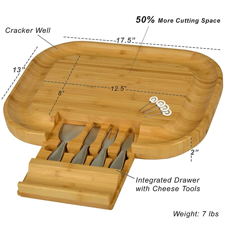 Natural bamboo cheese cutting board and knife set storage organizer drawer Cheese board kitchenware