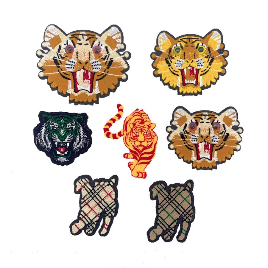 Professional custom toothbrush embroidered tiger head micro stamp embroidery flocking fabric Embroidered Patches