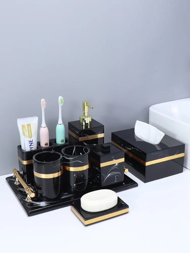 Custom Bathroom Accessories Set Black Marble Effect Modern Hotel Resin Bathroom Accessories Set